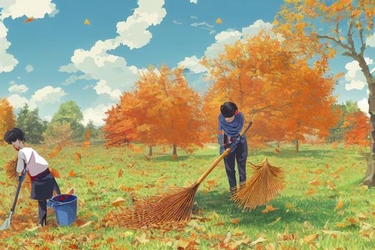 Raking fallen leaves. The gardener cleans the lawn from leaves with a metal fan rake. Working with a fan rake in an orchard. Lawn and orchard care in autumn on a sunny day.2d style, anime style --ar 1 V1 High quality 2d illustration