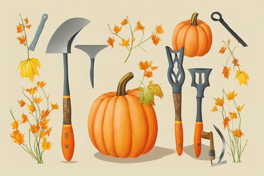 Set of gardening tools, autumn flowers and pumpkins on white background2d style, anime style V1 High quality 2d illustration