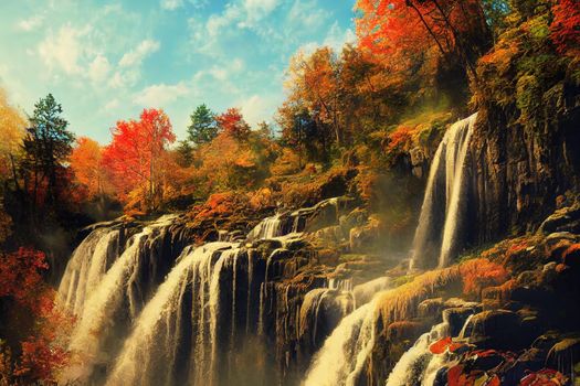 Waterfall view in the forest that contains all the colors of autumn. Waterfall in autumn colors. Uludag Suuctu waterfall national park, Bursa.2d style, anime style V1 High quality 2d illustration