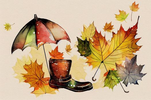 Watercolor illustration of an umbrella with boots. Autumn leaves, greenery, grass, maple leaves. Autumn weather, rain., October, autumn2d style, anime style V1 High quality 2d illustration