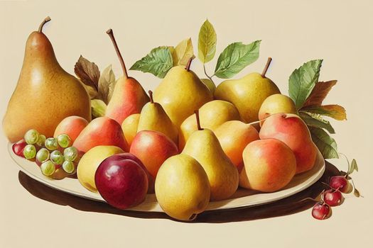 plate with different fresh fruits isolated on white, autumn still life, organic pears, apples, plums, autumn harvest2d style, anime style V1 High quality 2d illustration
