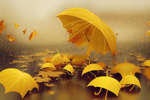 rainy autumn. an umbrella and yellow rubber boots around which multi-colored leaves scatter on a yellow background with a place for placing text. 3d render. 3d illustration2d style, anime style --ar 1 V1 High quality 2d illustration