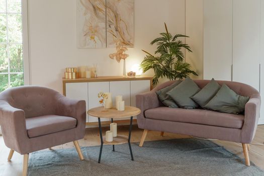 Stylish living room interior with comfortable sofa.