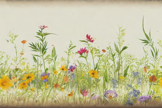 Watercolor floral seamless pattern with colorful wildflowers, plants and grass. Panoramic horizontal border, isolated illustration. Meadow in vintage style.2d style, anime style V1 High quality 2d illustration