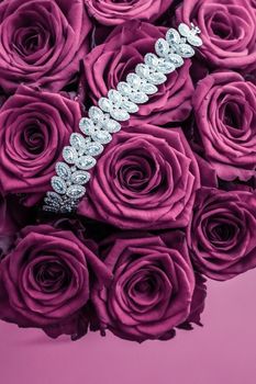 Luxe branding, glamour fashion and boutique shopping concept - Luxury diamond jewelry bracelet and pink roses flowers, love gift on Valentines Day and jewellery brand holiday background design