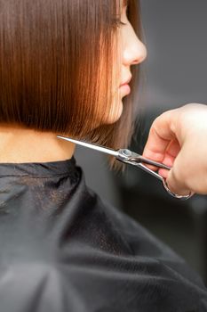 Woman having a new haircut. Male hairstylist cutting brown hair with scissors in a hair salon