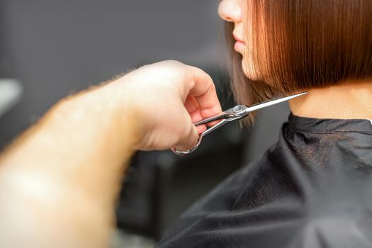 Woman having a new haircut. Male hairstylist cutting brown hair with scissors in a hair salon