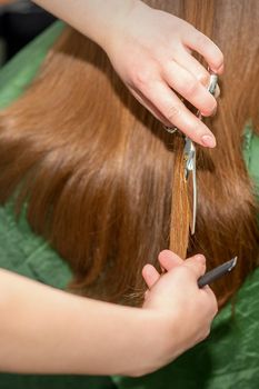 Hands of hairdresser cut woman long hair, close up