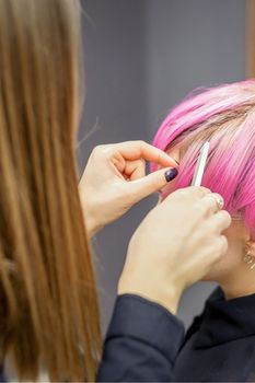 Hairdresser prepares dyed short pink hair of a young woman to procedures in a beauty salon