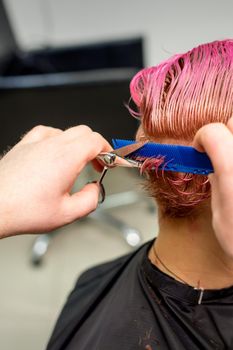 Hairdresser cuts dyed wet pink short hair of young caucasian woman combing with a comb in a hair salon