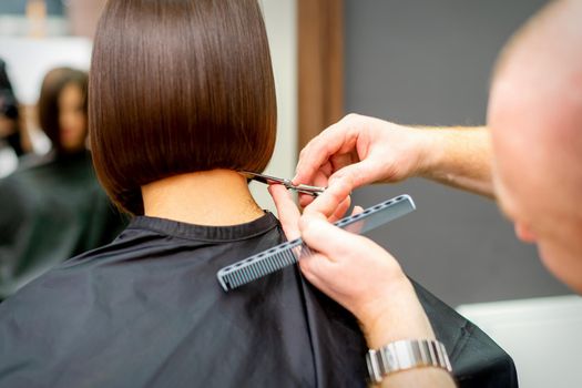 The hairdresser cuts the hair of a brunette woman. Hairstylist is cutting the hair of female client in a professional hair salon, close up