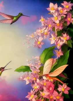 a beautiful pastel hummingbird and trumpetvine flower. digital painting