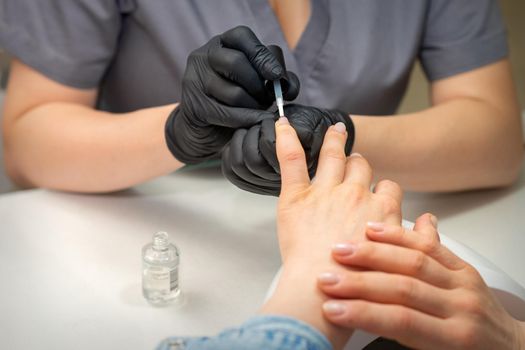 Painting female nails. Hands of manicurist in black gloves is applying transparent nail polish on female nails in a manicure salon