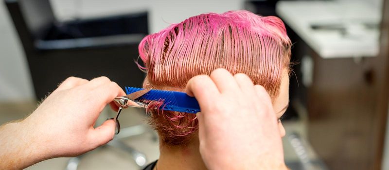 Hairdresser cuts dyed wet pink short hair of young caucasian woman combing with a comb in a hair salon