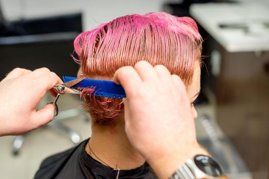 Hairdresser cuts dyed wet pink short hair of young caucasian woman combing with a comb in a hair salon