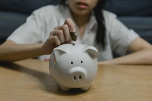 child asian finance economic investment wealth pig currency money business banking, cash success saving girl holding coin piggy bank.