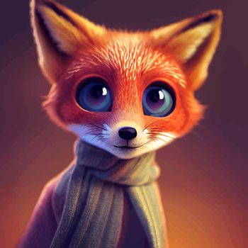 animated illustration of a cute fox, animated baby fox portrait.