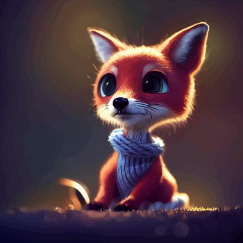 animated illustration of a cute fox, animated baby fox portrait.