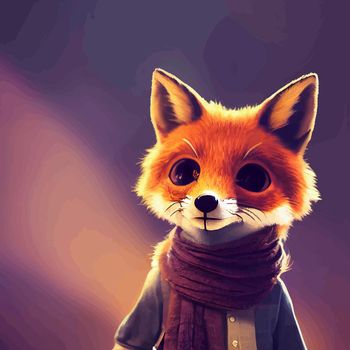 animated illustration of a cute fox, animated baby fox portrait.