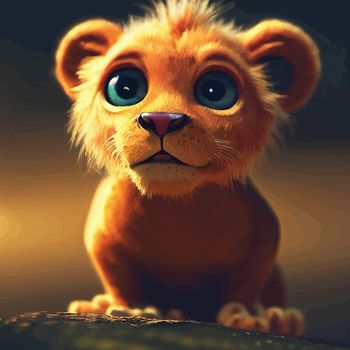 animated illustration of a cute lion, animated baby lion portrait.