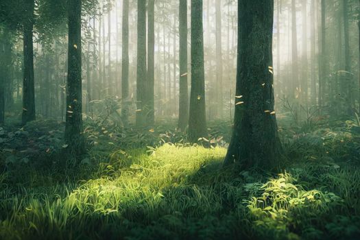 beautiful magic forest in the sunny foggy view