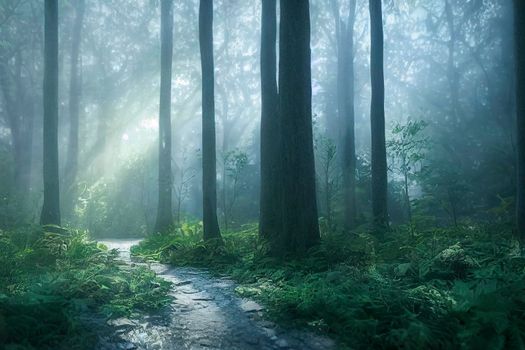 Magical fairytale forest. Coniferous forest covered of green moss. Mystic atmosphere