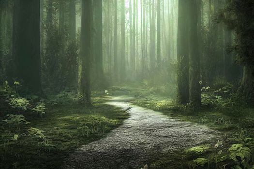 beautiful magic forest in the sunny foggy view