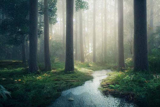 Magical fairytale forest. Coniferous forest covered of green moss. Mystic atmosphere