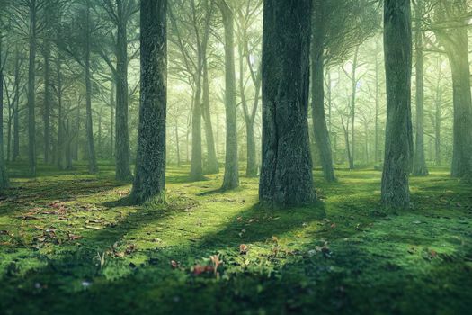 beautiful magic forest in the sunny foggy view
