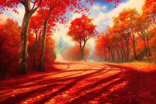 Red autumn foliage on a forest road. Red autumn forest road. Red autumn foliage. Red autumn forest scene2d style, anime style V1 High quality 2d illustration