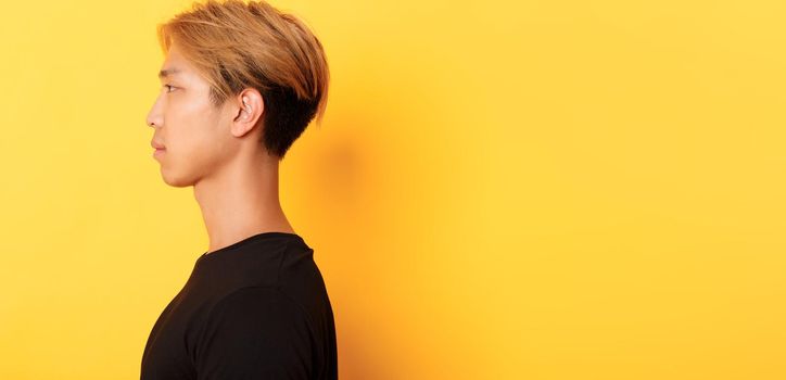 Profile shot of handsome stylish korean guy looking left with serious expression, standing over yellow background.