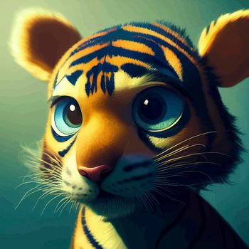 animated illustration of a cute tiger, animated baby tiger portrait.