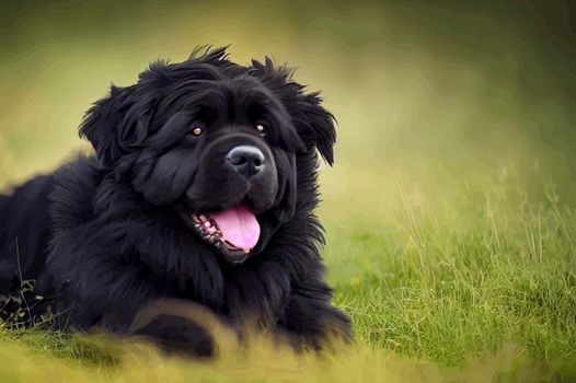 illustration of newfoundland dog lying on the grass, beautiful newfoundland dog