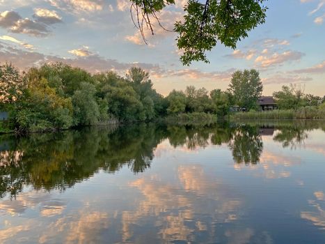 Summer forest lake with mirror reflection of trees and vegetation near the village.