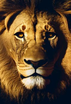 Portrait of a Lion. Close-up of wild lion face on black background.