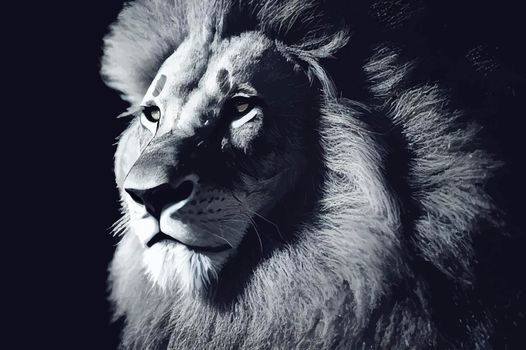 Portrait of a Lion. Close-up of wild lion face on black background.