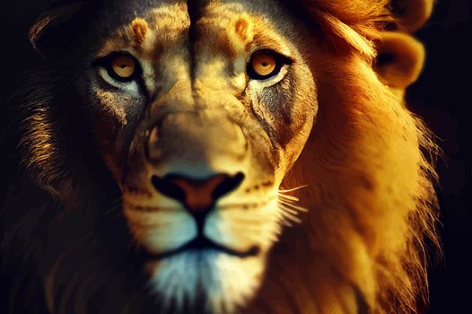 Portrait of a Lion. Close-up of wild lion face on black background.