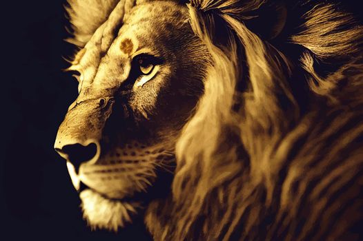 Portrait of a Lion. Close-up of wild lion face on black background.