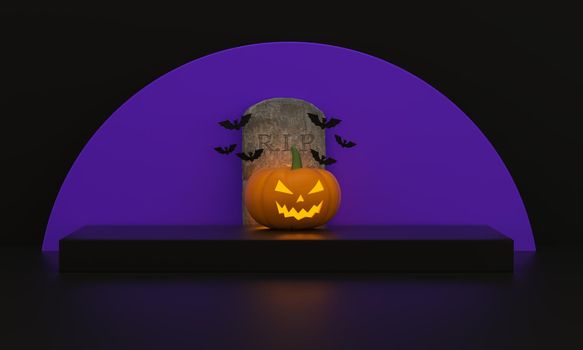 Halloween pedestal for product display with pumpkins, bats and Tombstone with a moon purple on black background. 3d rendering.