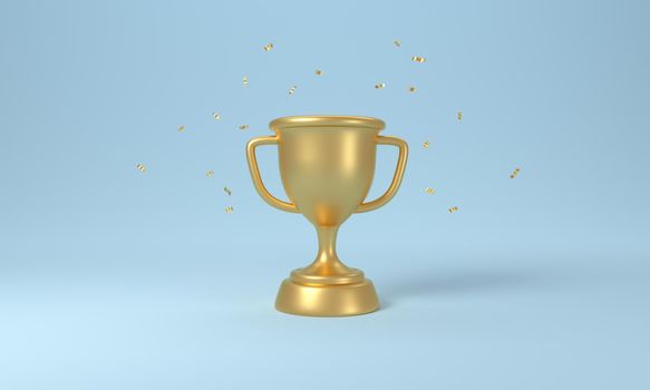 Golden trophy cup with falling confetti on blue background. 3d rendering.