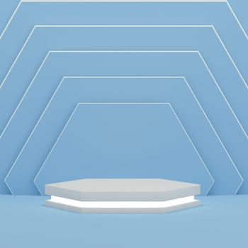 Podium with light on colorful blue hexagon pattern background for product display size square. Empty podium platform. 3D Rendering.