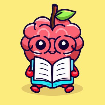 cartoon illustration of human brain. cute brain reading book