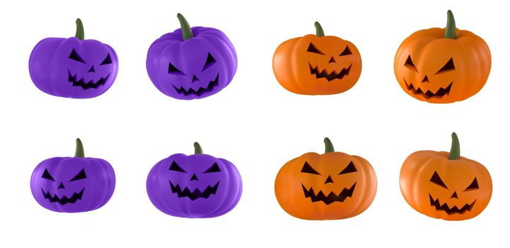Set of halloween pumpkins orange and purple on white background. 3d rendering.