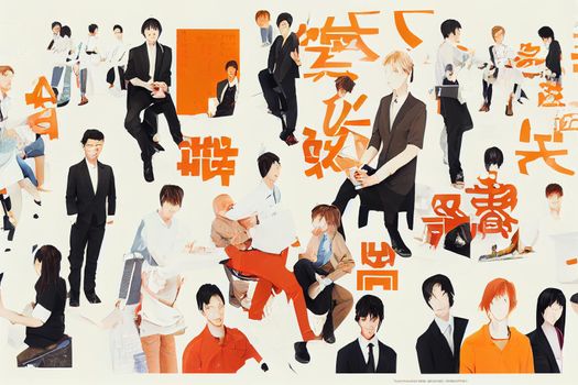 anime style, Contemporary art collage made of shots of young men and women, managers working hardly isolated over white background, Concept of business, finance, career, co-workers, teambuilding. Fly V1 High quality 2d illustration