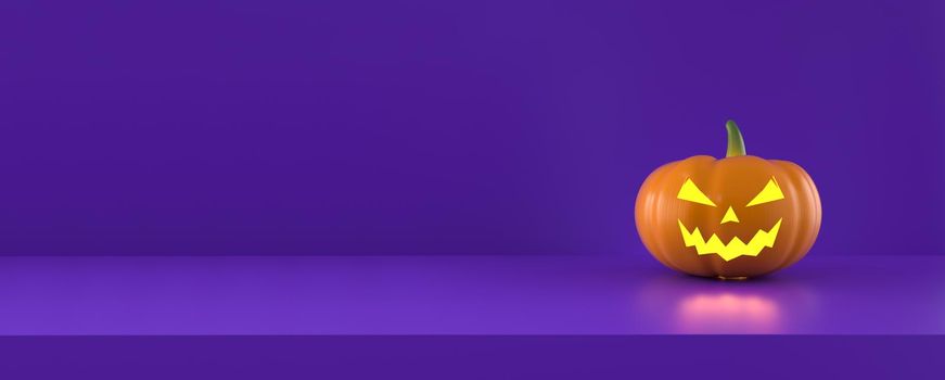 Halloween pumpkin with lights on panoramic purple studio background. 3d rendering.