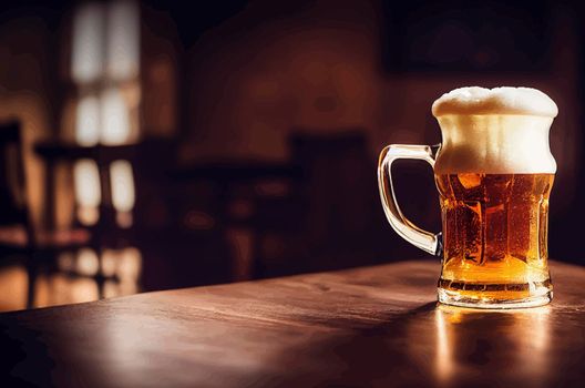 illustration of a mug of cold beer on a wooden table.