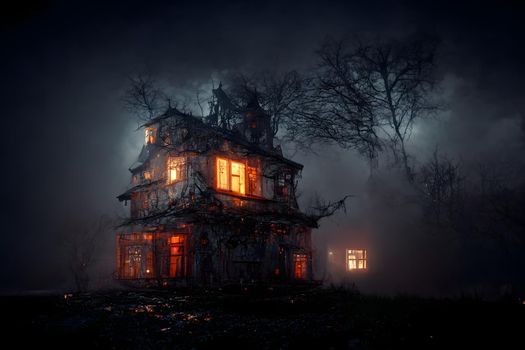 dark haunted house with illuminated windows at spooky misty dark halloween night, neural network generated art. Digitally generated image. Not based on any actual scene or pattern.