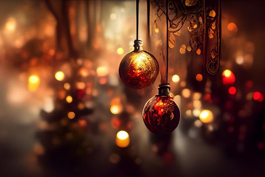 close-up christmas decorations background with selective focus and background blur, neural network generated art. Digitally generated image. Not based on any actual scene or pattern.