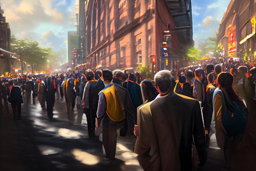 crowd of office suit wearing people walking to work at downtown street, neural network generated art. Digitally generated image. Not based on any actual scene or pattern.