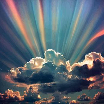 Illustration of the amazing sky with clouds. reflection of sunlight coming out of clouds. Beautiful sky and clouds.